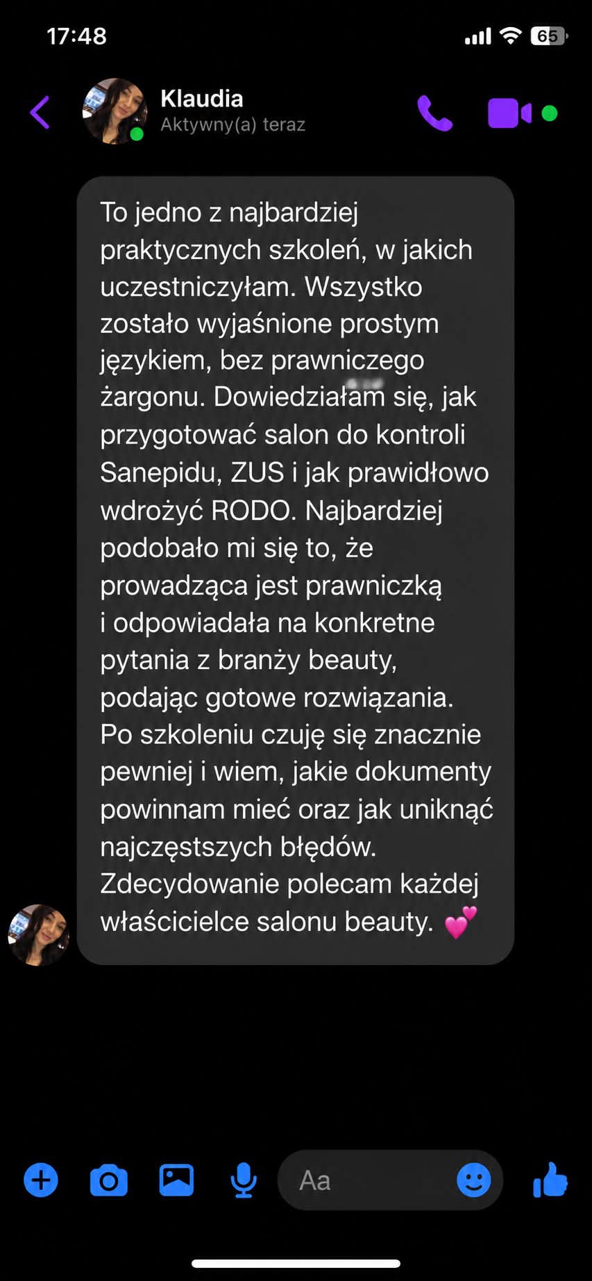 Opinia klientki o szkoleniu i dokumentacji