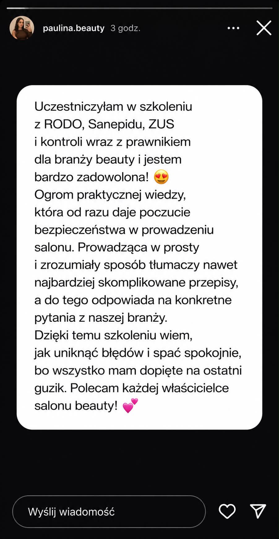 Opinia z Instagrama o szkoleniu z RODO, Sanepidu i ZUS